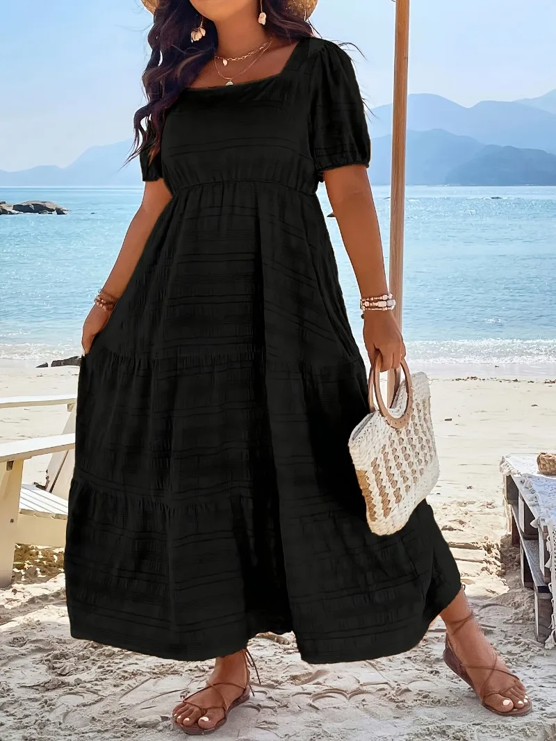 حجم كبير 1XL-5XL أزياء المرأة ساحة الرقبة بلون فستان بأكمام قصيرة السيدات عارضة ألف خط تنورة فستان طويل