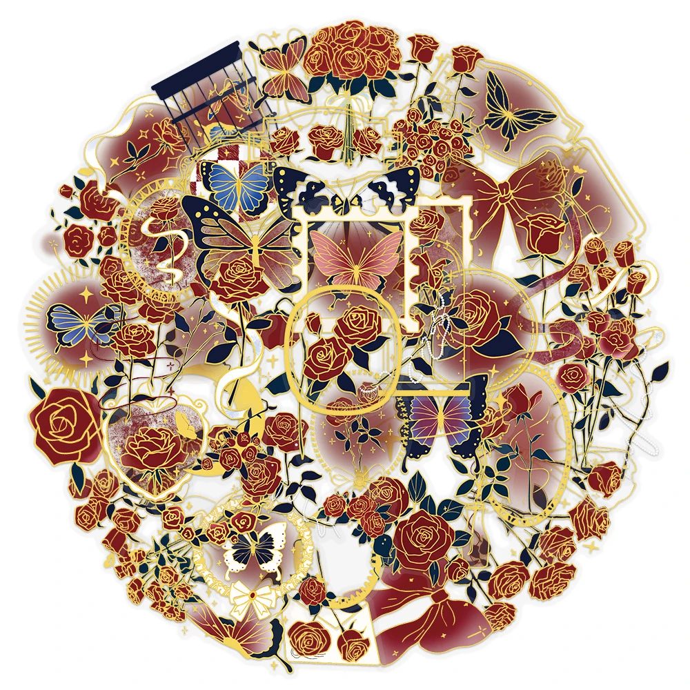 สติกเกอร์ลายการ์ตูนสไตล์วินเทจลายดอกกุหลาบ 10/30/50 ชิ้น สติกเกอร์ใส PET สำหรับตกแต่งกระเป๋าเดินทาง สมุดโน้ต โทรศัพท์ ของเล่น