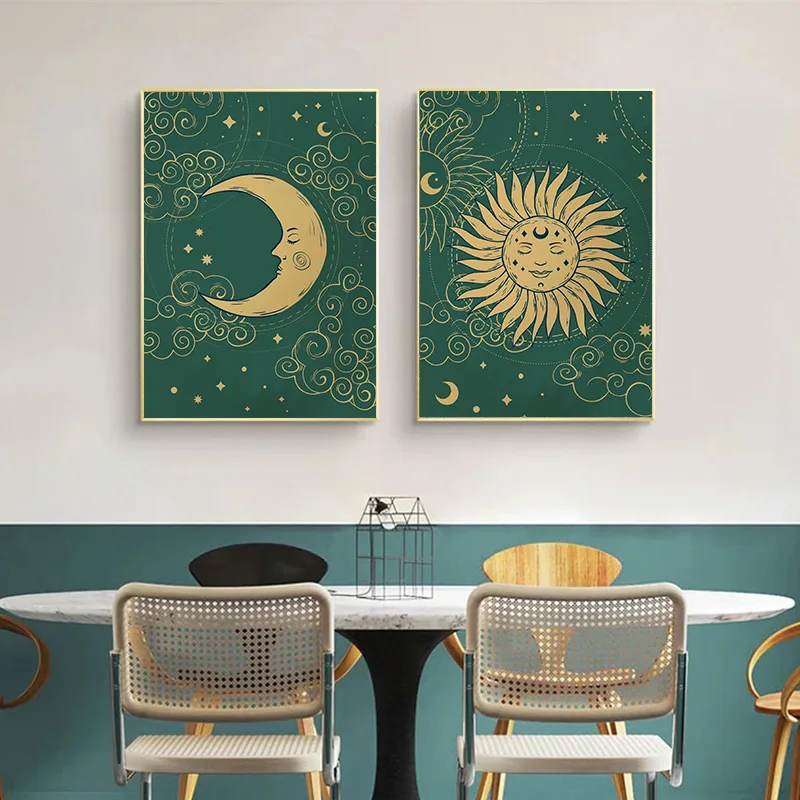 Boho Celestial Green Gold Sun Moon and Stars Poster Print Canvas Painting Wall Art Pictures for Bedroom Living Room Home Deco