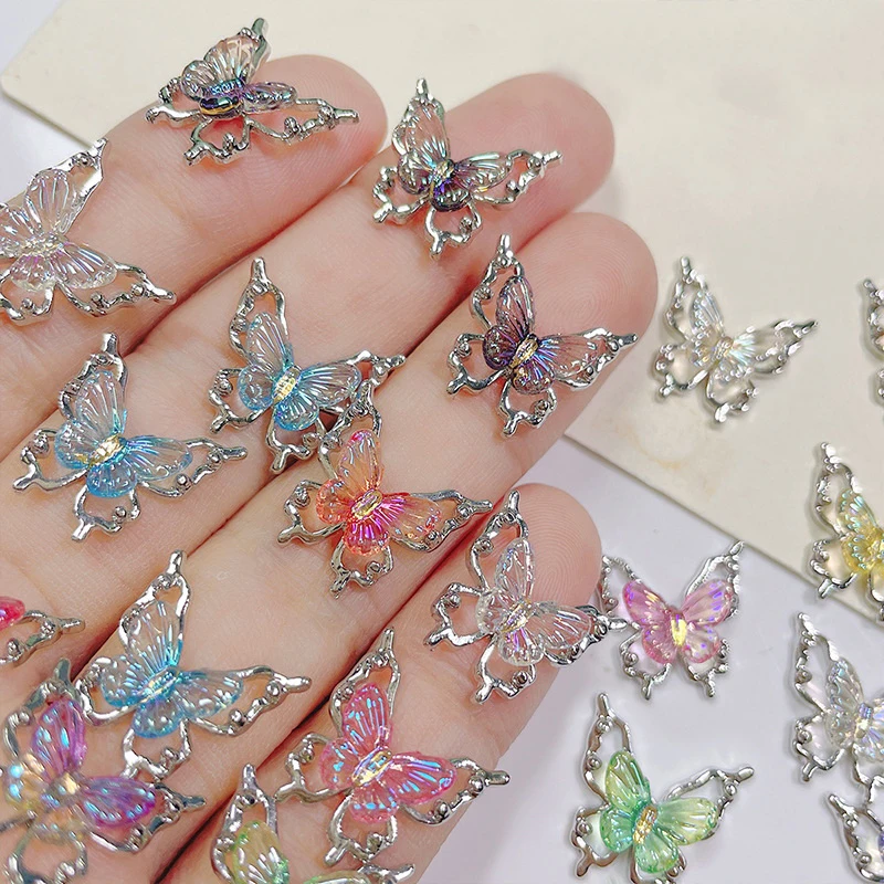 10 個グリッターネイルチャーム蝶 3d 合金カラフルなグラデーション蝶ネイルアートデコレーションネイルアクセサリー用品