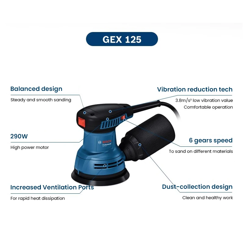 Bosch GEX125 Electric Sander Professional 290W Heavy Random Orbit Sander Eccentric Sanding Machine For Wood Paint Metal Surface