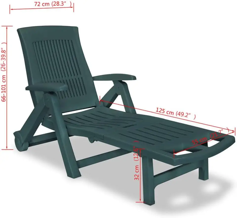 Sun Lounger With Footrest - Weather-Resistant Plastic Reclining Outdoor Chair - Portable, Foldable Design - Green