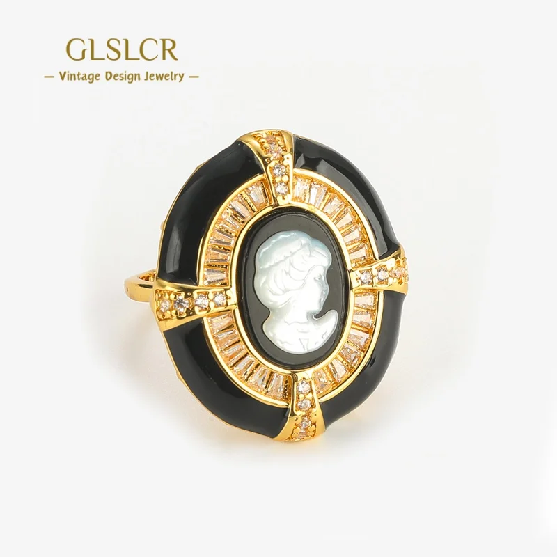 

Vintage Zircon Cameo Rings Jewelry Black Gold Color Enamel For Woman Beauty Head Adjustable Unique Luxury Designer Wedding 2025