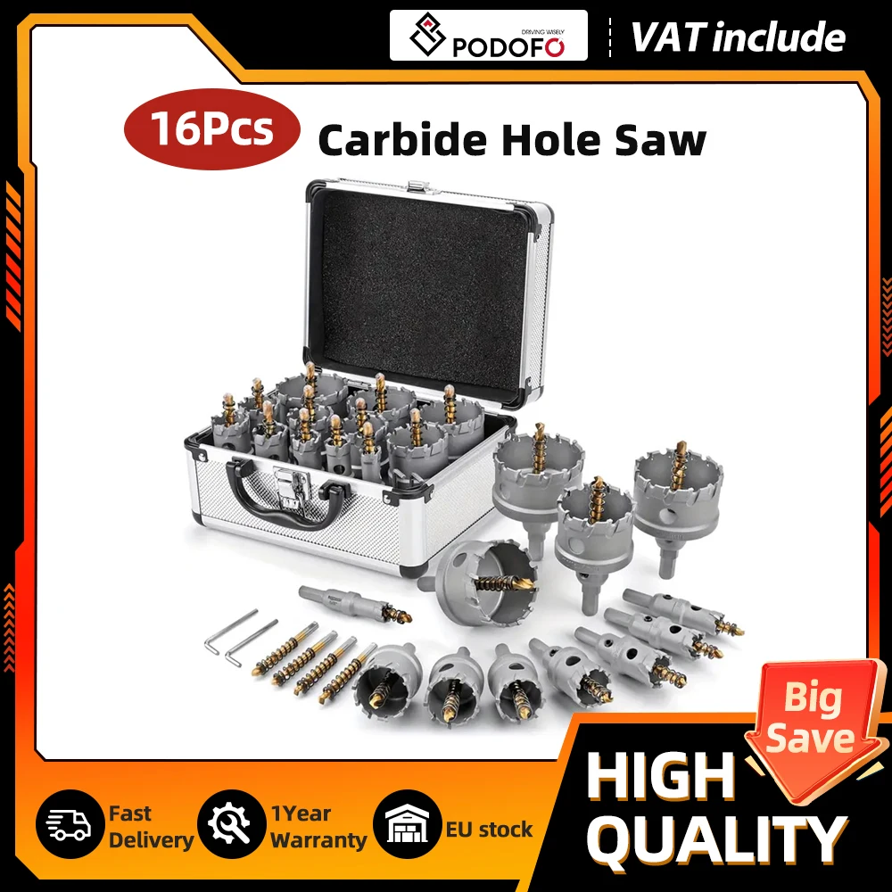 Podofo Juego de 16 Cortadores de Orificios de Carburo de Alta Resistencia para Metal, Juego de Sierras Perforadoras de 5/8''-2-1/4'' con Broca Piloto y Caja