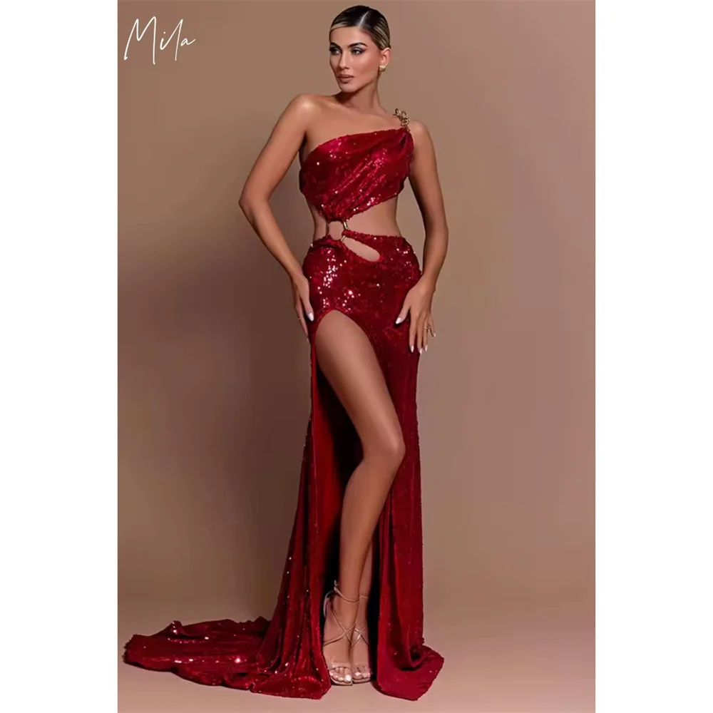 

Mila Red One Shoulder Prom Dress Mermaid Glitter Customized Luxurious Women Evening Dresses Side High Split vestidos de fiesta