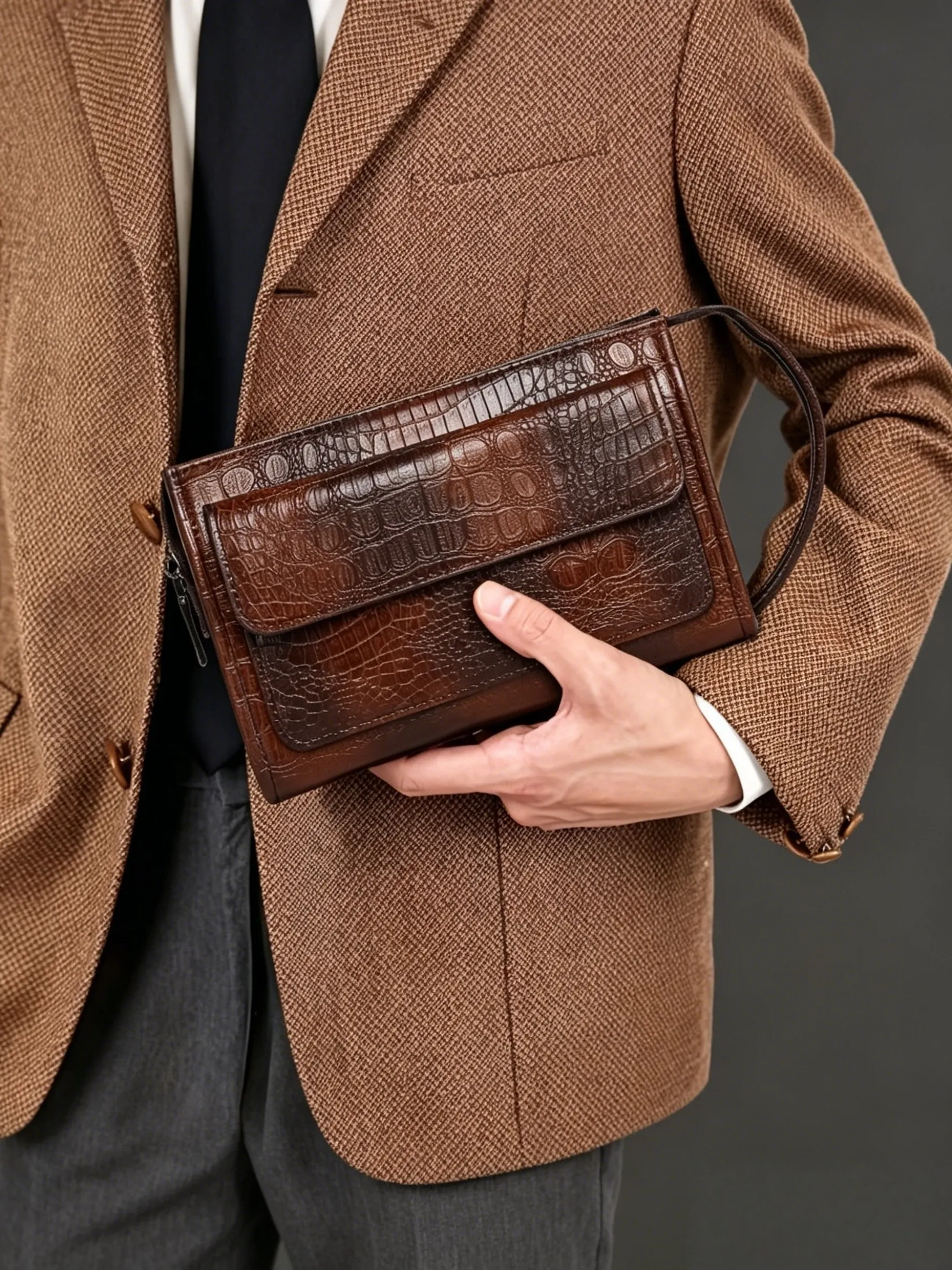 Men's Large Capacity Clutch with Hidden Pocket, Men Long Wallet for Business Evening, Croc Embossed PU Leather