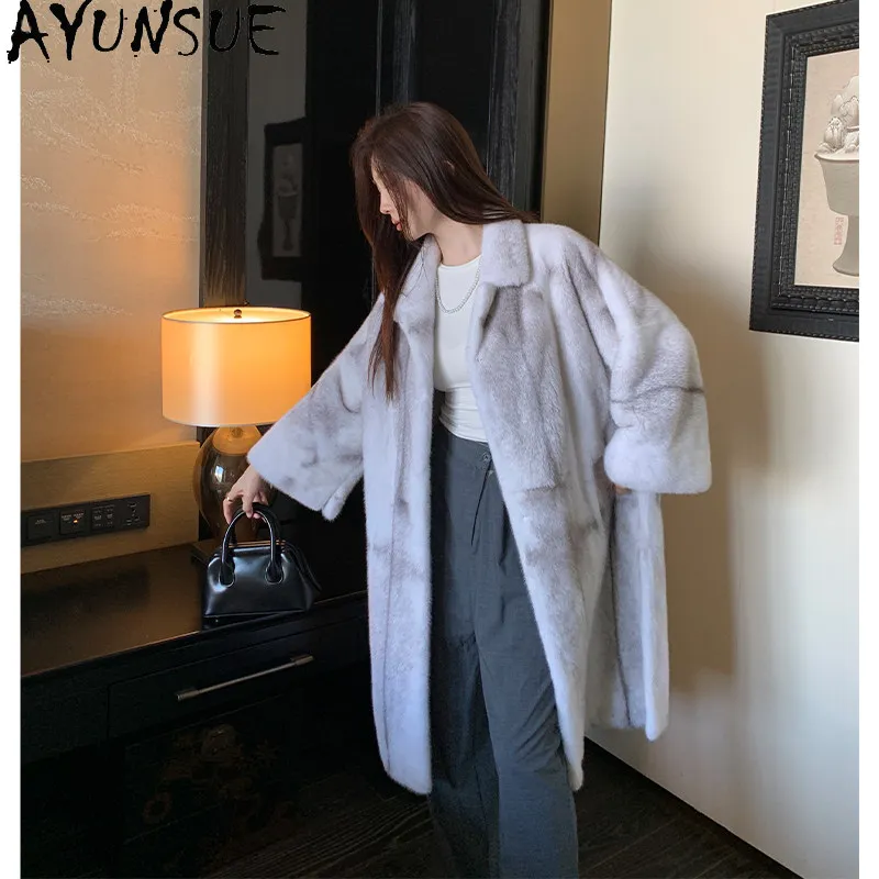 AYUSNUE Natural Sliver Cross Mink Coat Women Clothing Velvet Whole Mink Fashion Winter Jacket Woman Mid-long 104cm Abrigos Mujer