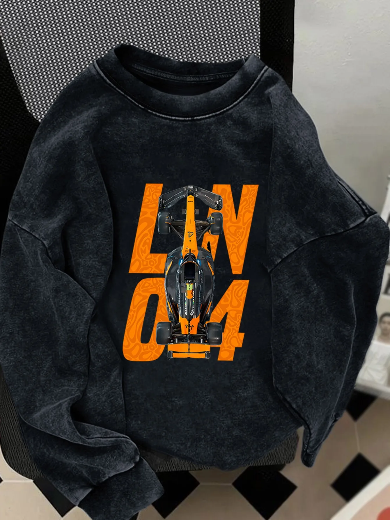 Racing car pattern unisex wash distressed sweatshirt, Y2K women washed sweatshirt, spring season top.