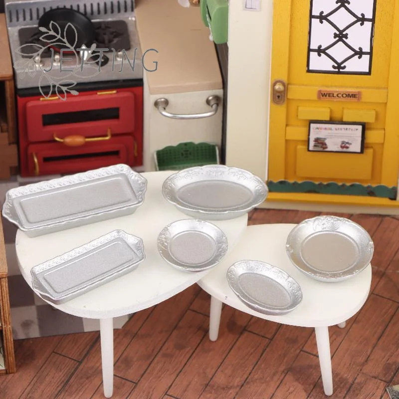 

(SMTGDP11)6Pc 1/12 Dollhouse Silver Dinner Plate Food Tray Model Dollhouse Kitchen Tableware Decorate Toy Dolls House Accessory