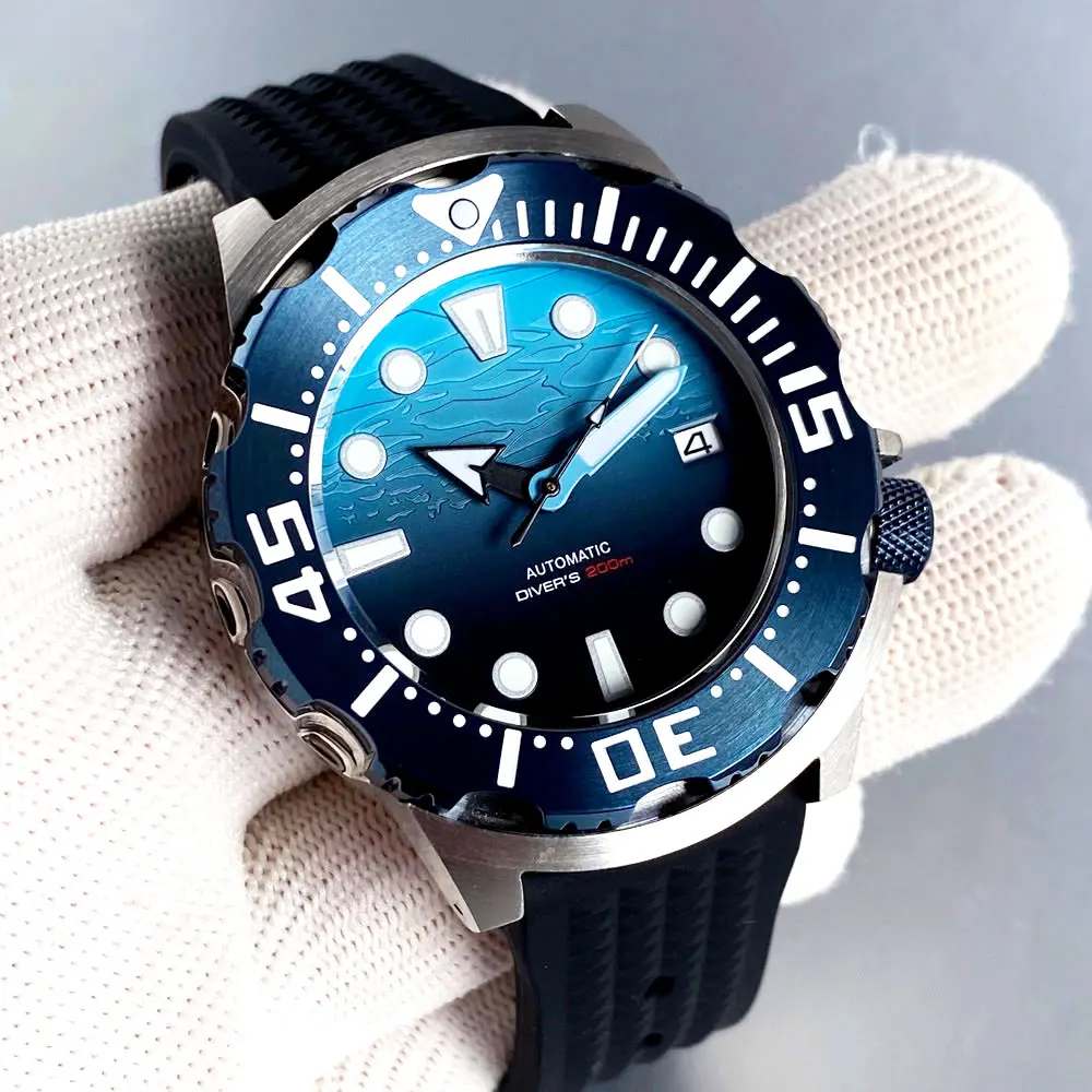 Blue Dial Monster Automatic Men Watch Japan NH35A Movement 120 Click Bezel 3.8 Crown Waffle Band Luminous Marks 200m Waterproof