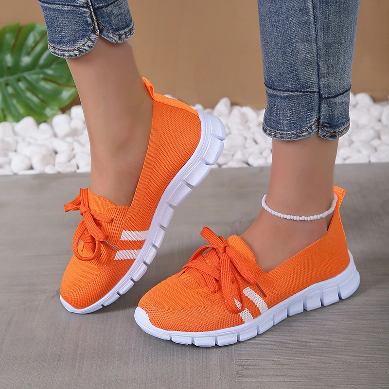 Breathable Knitting Flats Shoes for Women 2024 New Striped Lace-Up Soft Sole Sneakers Woman Plus Size Light Non-Slip Caual Shoes