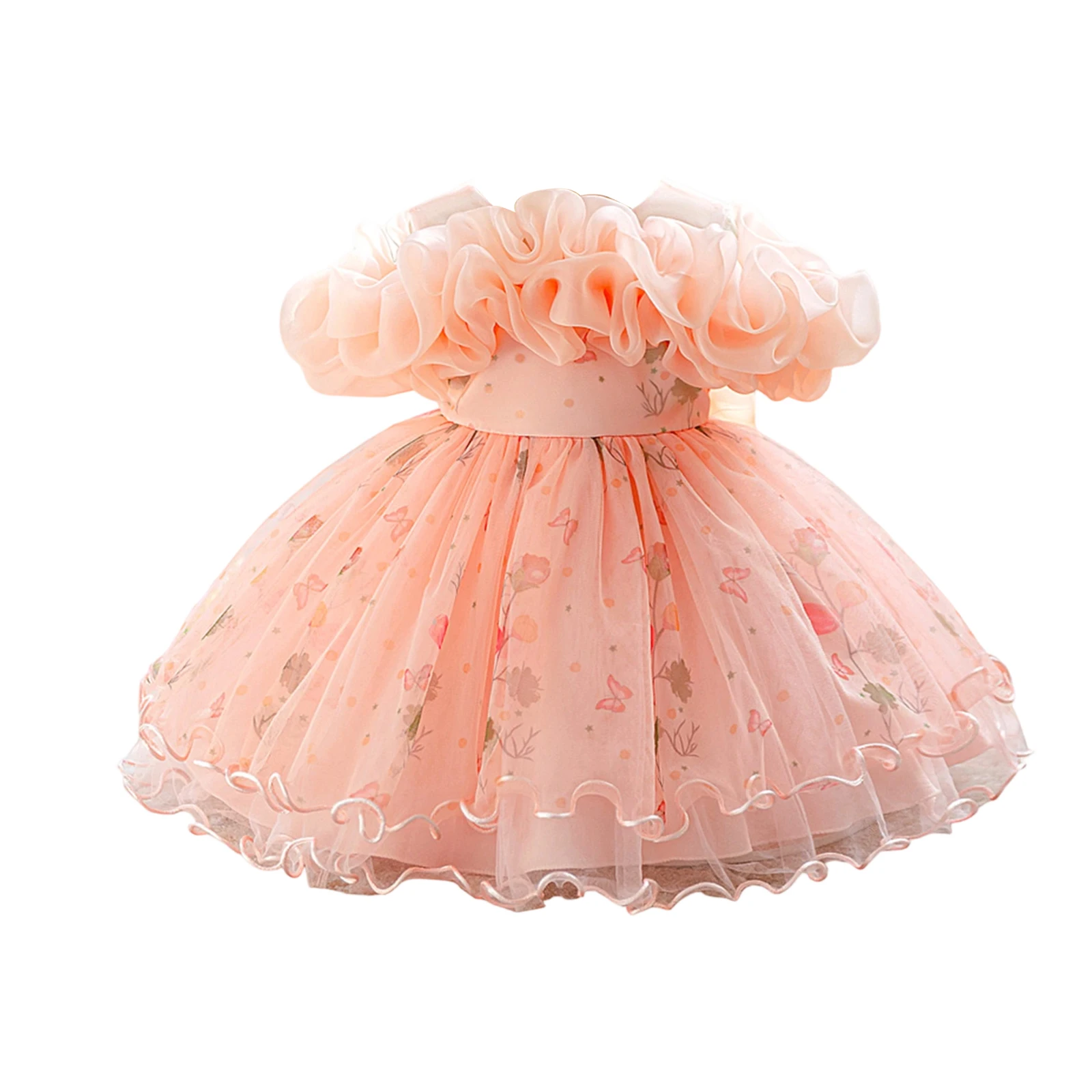 

Toddler Baby Girl Baptism Dress Flower Butterfly Print Ruffled Wavy Edge Double Layered Mesh Sleeveless A Line Dress