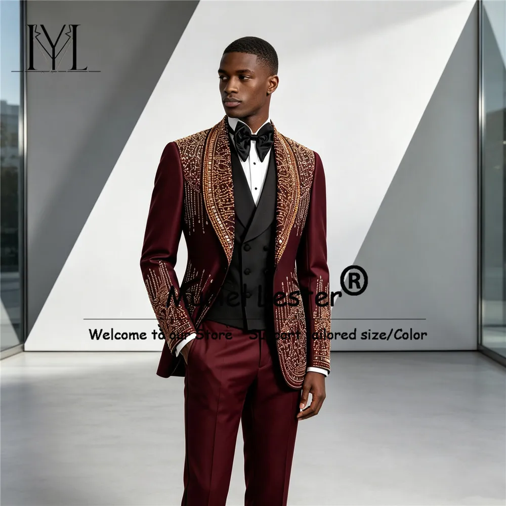 Luxury Suits Men For Wedding Sparkly Diamond Beaded Jacket Vest Pants 3 Pieces Sets Groom Formal Party Tuxedos Male Dinner Dress