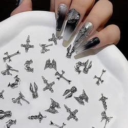 50PCS/Bag 3D Silver Punk Cross Shaped Nail Charms Metal Alloy Nail Art Rhinestones Manicure Jewelry For DIY Nail Accessories