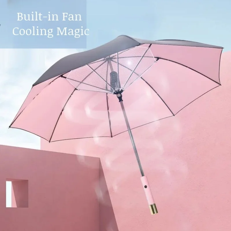 Rain and Sun Dual Purpose Cooling Umbrella with Fan Straight Handle Usb Charging Sunny Umbrella