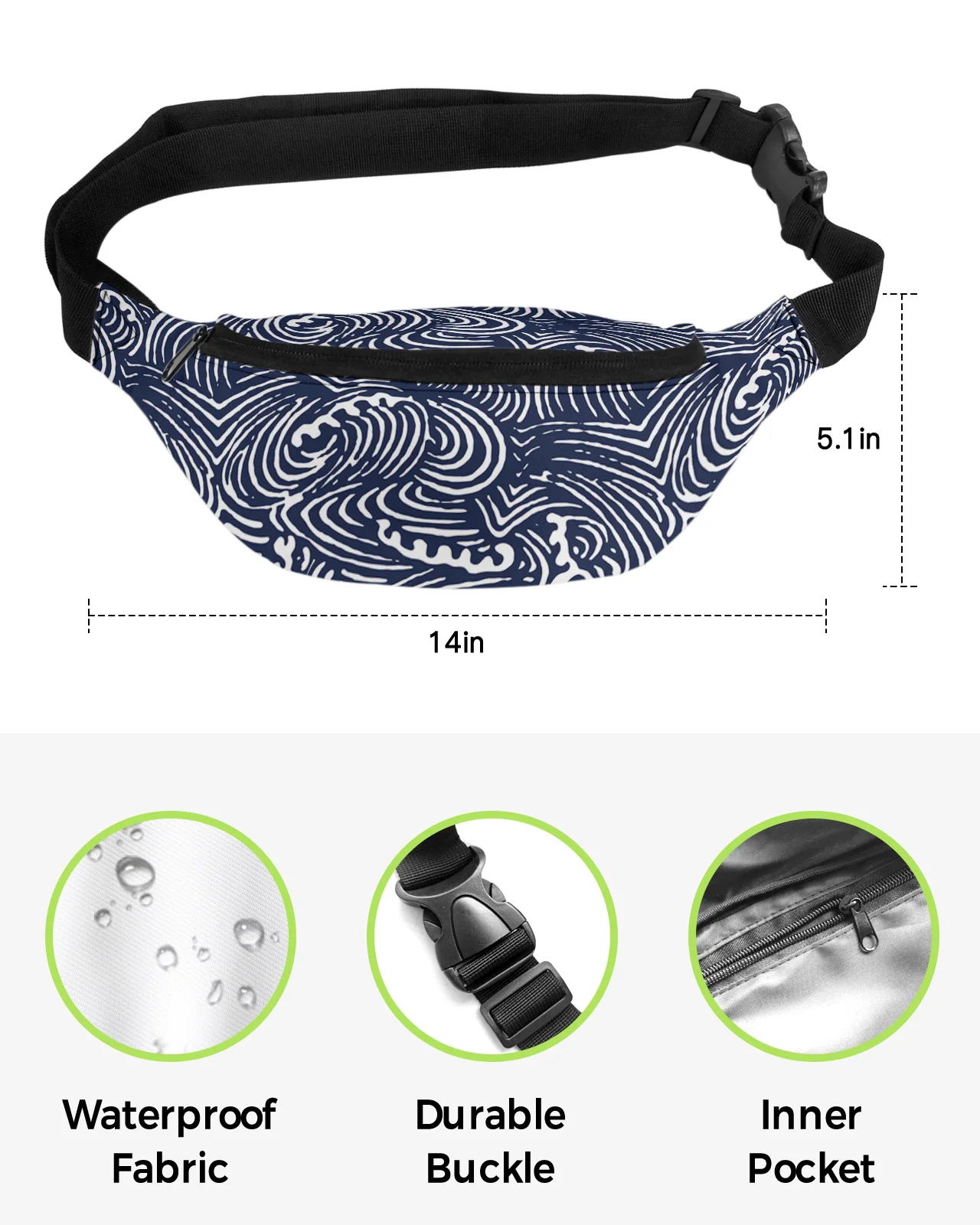 Sea Wave Texture Waist Bag Women Men Belt Bags Large Capacity Waist Pack Unisex Crossbody Chest Bag