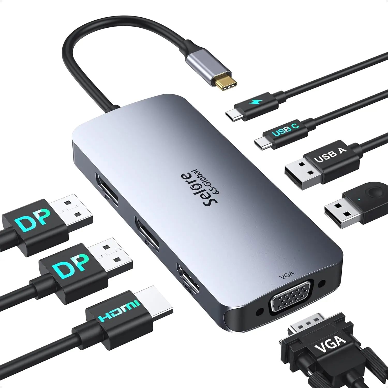 

USB-C Docking Station with 2 DisplayPort, HDMI, VGA, PD Charging & USB Ports for Multi-Monitor Setup