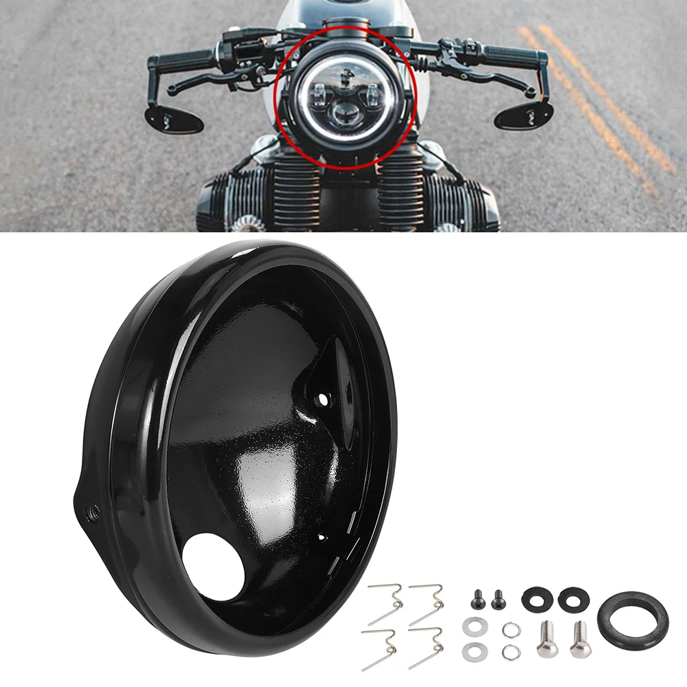 

Universal Motorcycle Headlight 7-Inch Retro Bucket Modified Round Headlamp Base Shell Housing Mount Cover Gloss Black