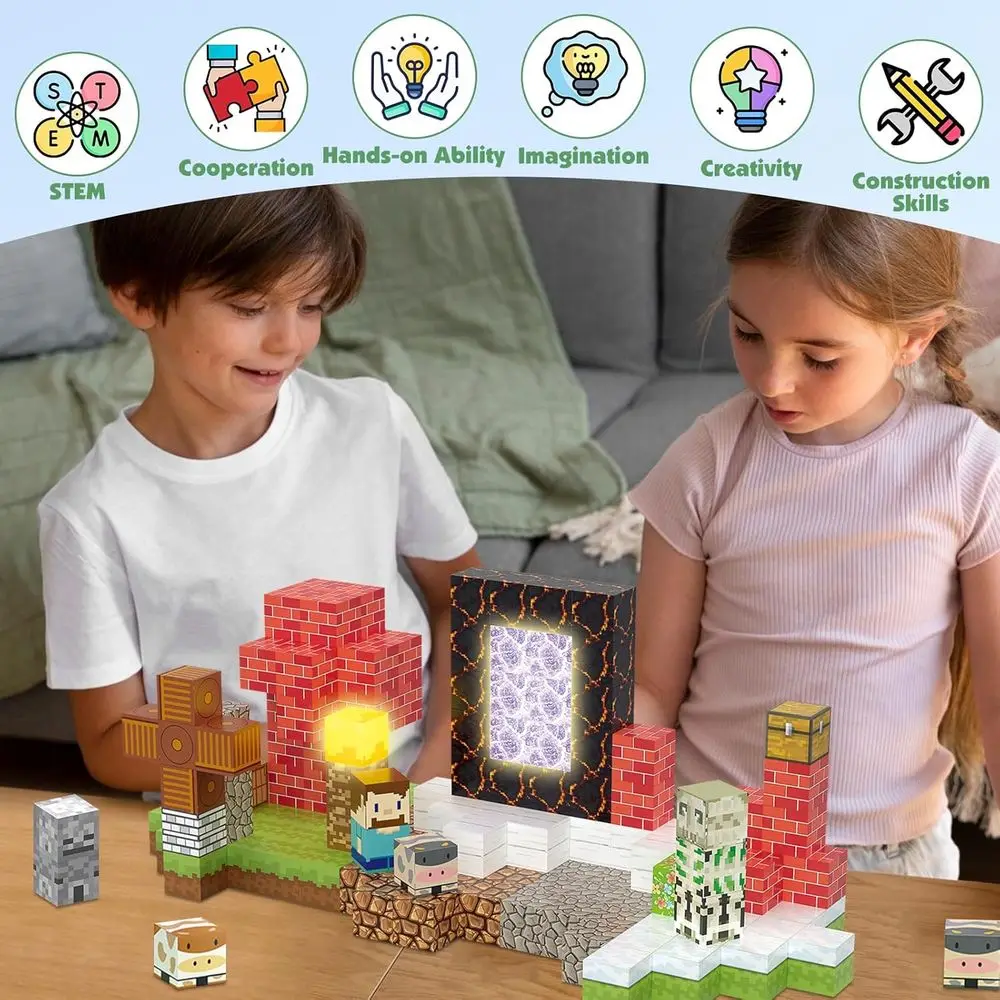 3D Magnetic Building Set with 200 Pieces, Light-Up Cubes, STEM Toys for Kids Aged 3+, Ideal for Christmas and Birthday Gifts