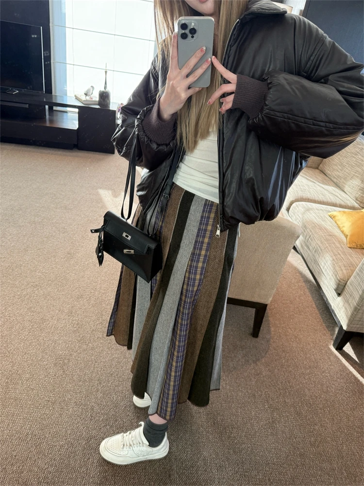 

Юбка женская зимняя Lilystore Heavy Industry, большая клетчатая юбка-миди с асимметричным подолом, современная, А-силуэт