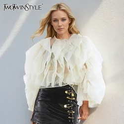 TWOTWINSTYLE Solid Patchwork Ruffles Mesh Blouses Women O Neck Lantern Long Sleeve Loose Elegant Shirt Female Clothing Fashion