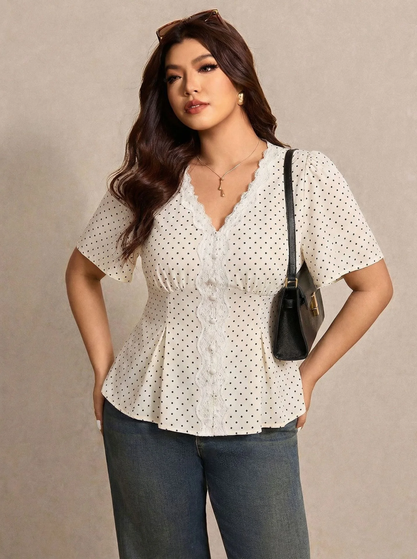 Puff Sleeve Blouse - Büyük Beden Kadınlar İçin Puantiyeli Bluz