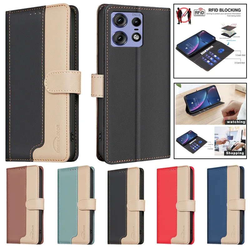 Leather Wallet Case for Motorola Edge 50 Pro 5G Color Block Funda for Moto Edge 50Pro Motorola Edge 40 Neo Card Slot Phone Cover