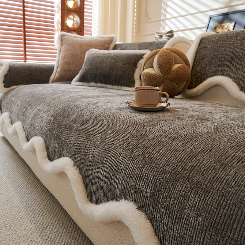 

Thick Chenille Wave Striped Sofa Cushion Portable Dirt-Resistant Seat Cushion with Long Furry Edges Cozy Warm Sofa Towel Blanket