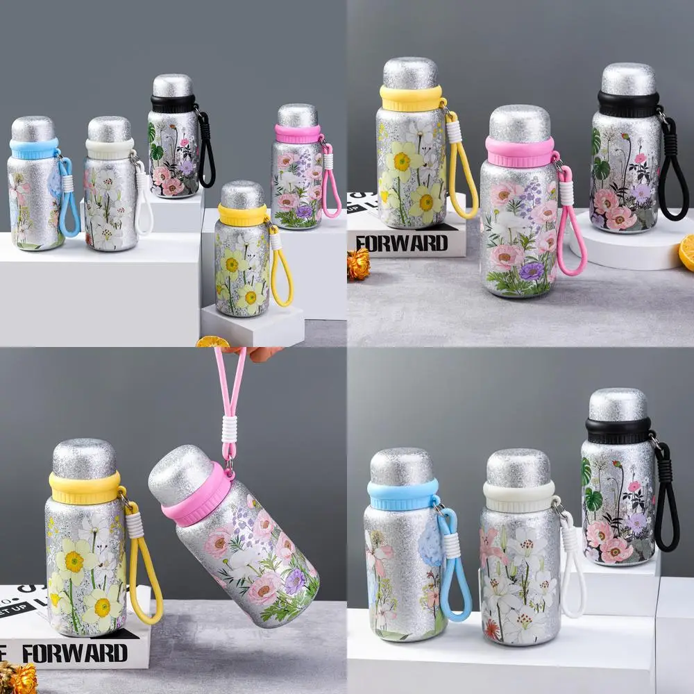A Floral Bullet Thermos Cup Large Capacity Sports Water Bottle with Strap Portable Handheld Travel Car Titanium Coated Insulated