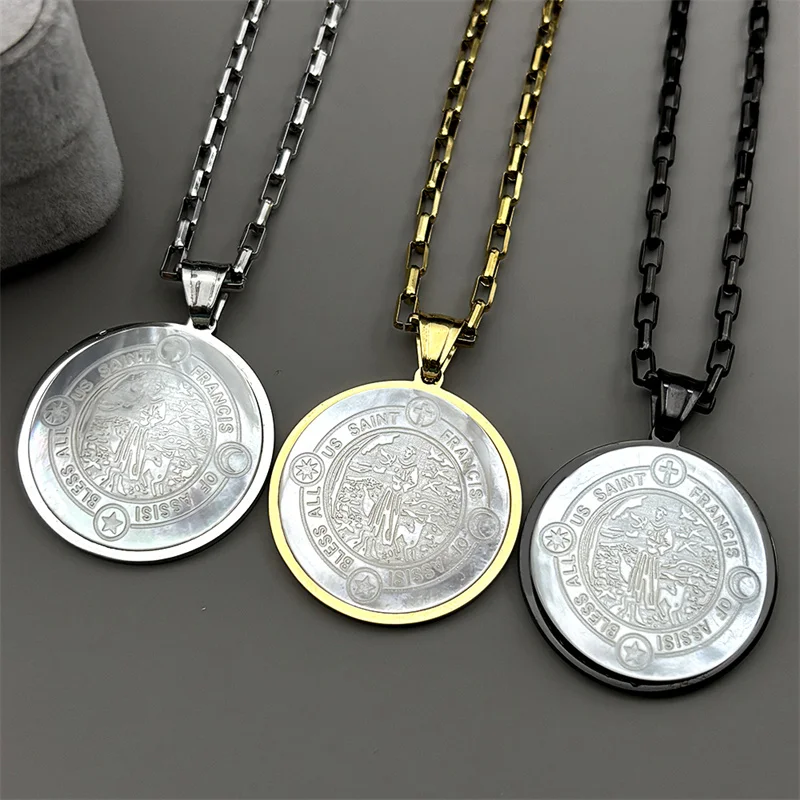 

Saint Francis Of Assisi Pendant Necklace For Women Men Stainless Steel Shell Cross Animal Catholic Amulet Chain Jewelry Gifts