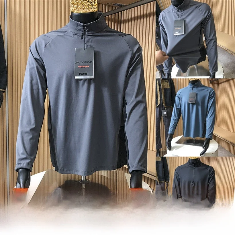 Laser Cut Splice Men's Outdoor Fly Sport Elastic Breathable Half Zip Stand Collar T-Shirt Skin-friendly Polyester Long Sleeve