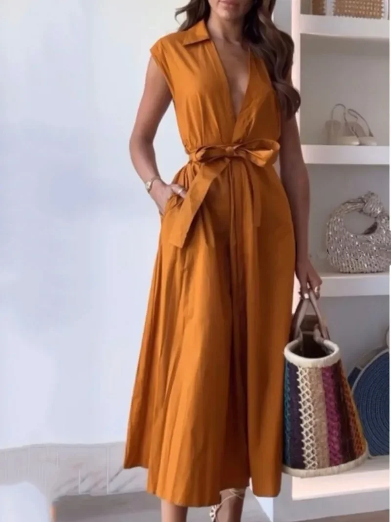 2024 Mode elegantes Kleid mit V-Ausschnitt für Frauen Sommer neue lässige Popel ine Hemd Stil Kleid Büro Dame A-Linie Kleid mit Gürtel