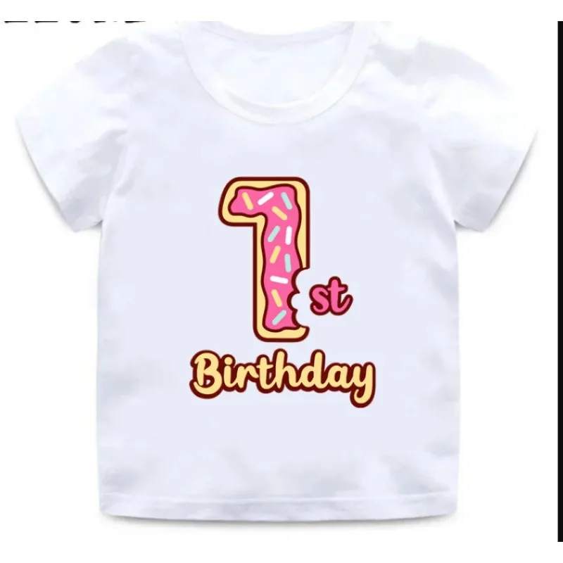 Cute Summer Donuts Print Girls Clothes 1 -9 Years Happy Birthday Number Bow Kids Short Sleeve T Shirt Tops