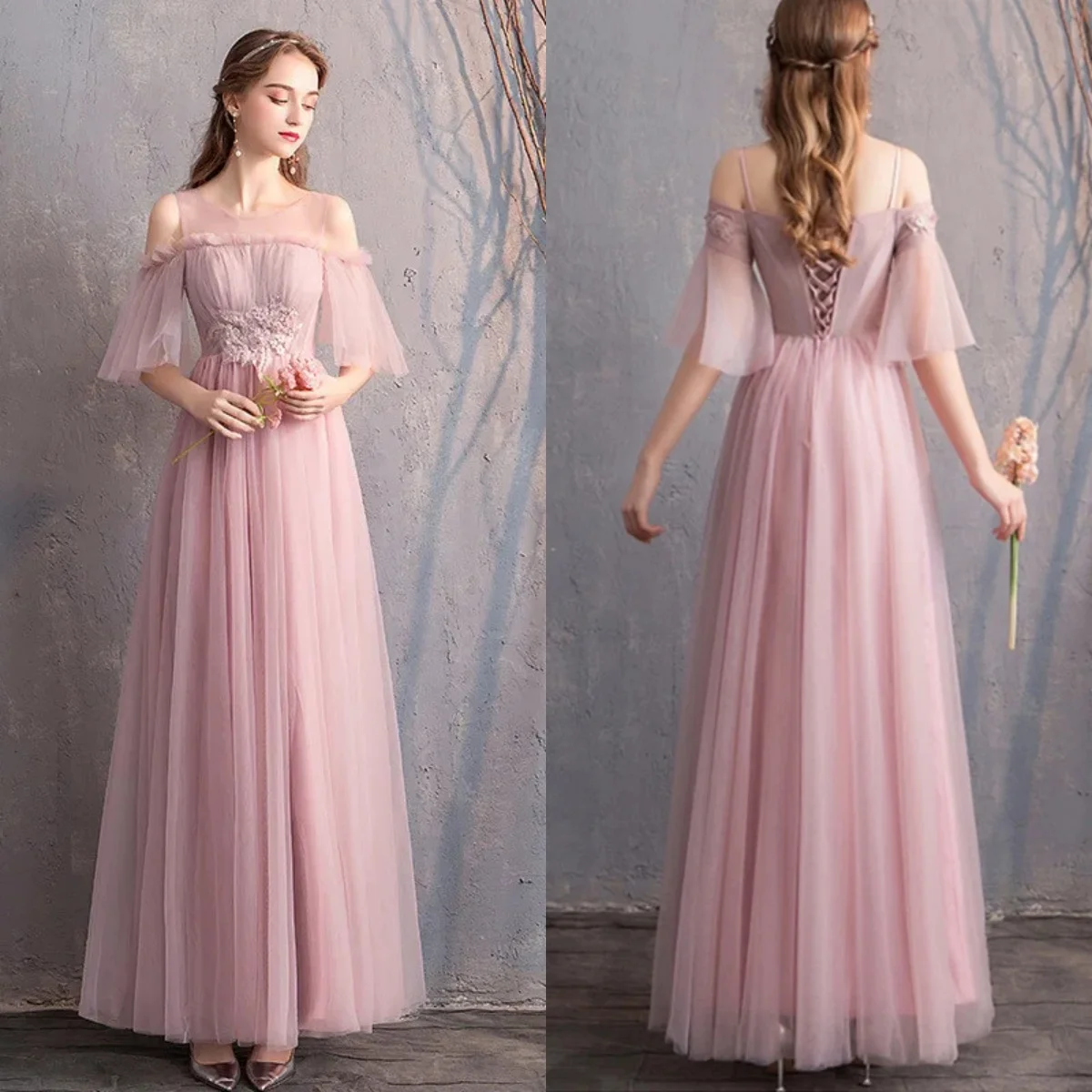 Evening Dress Pink Tulle Appliques O-neck Short Sleeves A Line Floor Length Plus size Lady Party Formal Gown Robe De Soiree R001