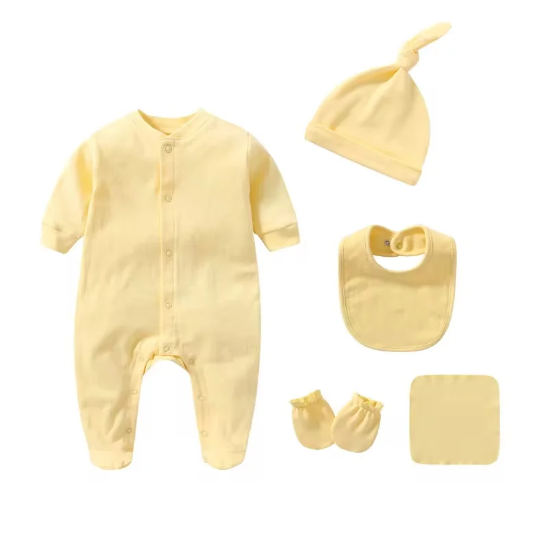 Newborn Baby Clothing 0 To 3 Months Jumpsuit Sets Solid Color Romper Hat Bib Towel Gloves Accessory Suits Baby Boy Girls Outfits