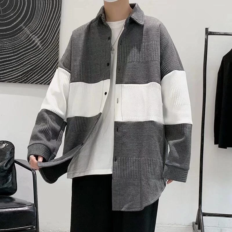 

Модная мужская черно-белая полосатая куртка, осенне-зимняя уличная одежда, незаменимое шерстяное пальто свободного покроя с трикотажными деталями в стиле Ins