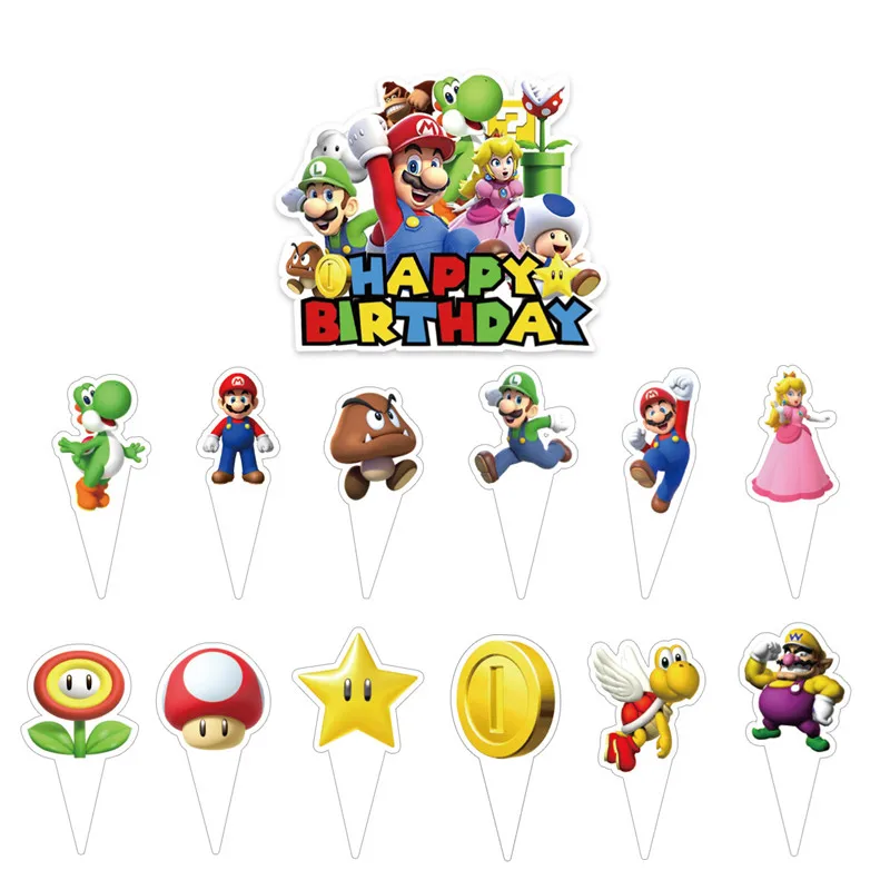 

1pc + 12pcs Super Mario Bro Cake Topper Birthday Party Decoration Cake Card Fruit Plug-in Birthday Party Supplies Toys Kids Gift