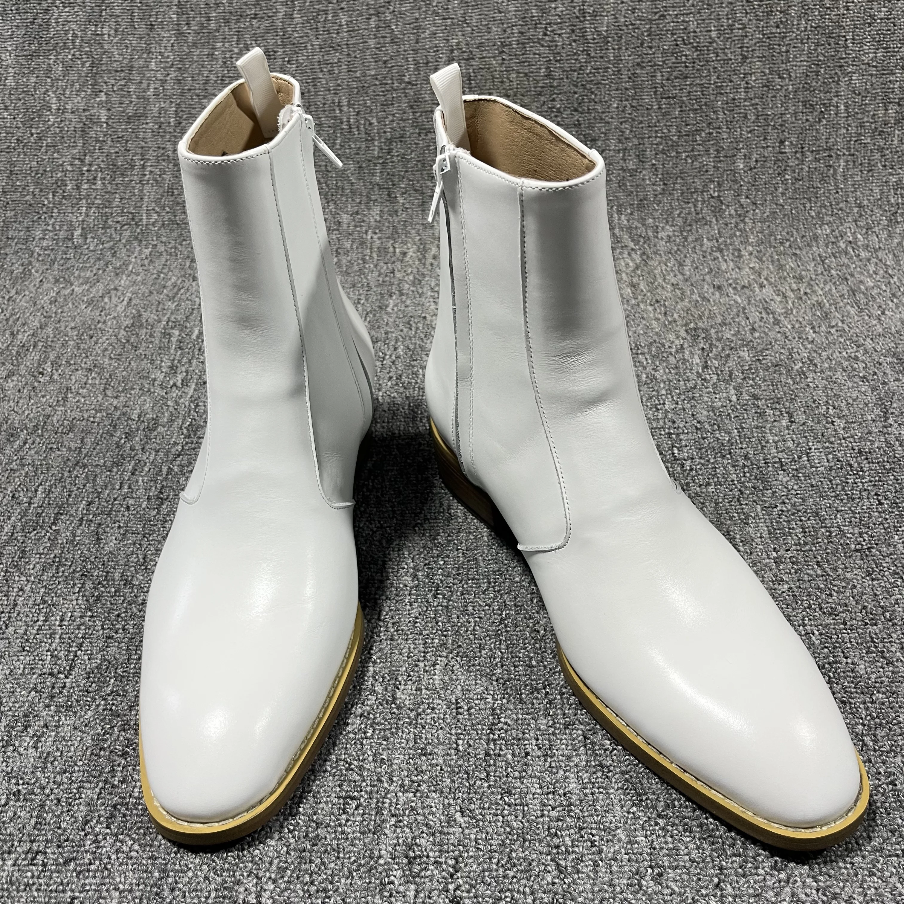 Botas Chelsea de couro genuíno feitas à mão com bico fino e suave branco