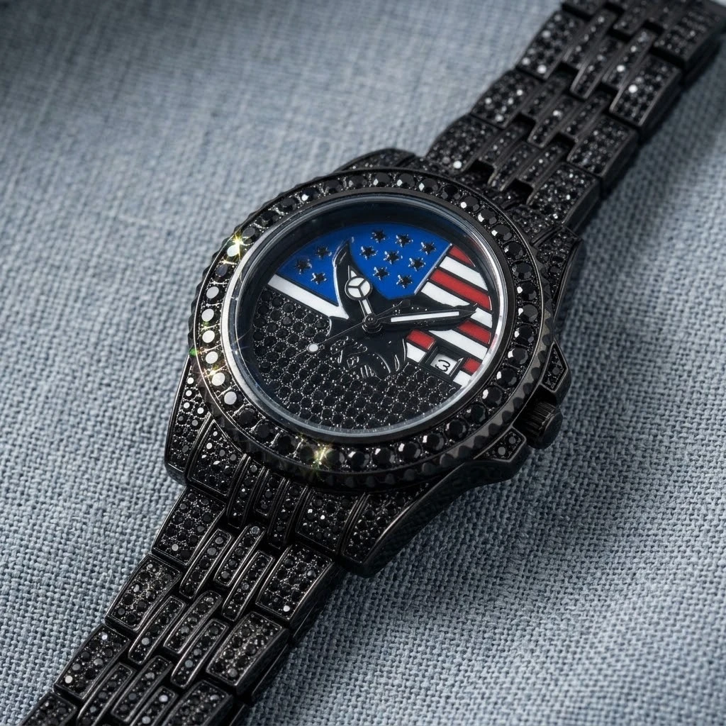 Men's badge totem calendar watch, block dense cluster shape strap, street trendy luxury style