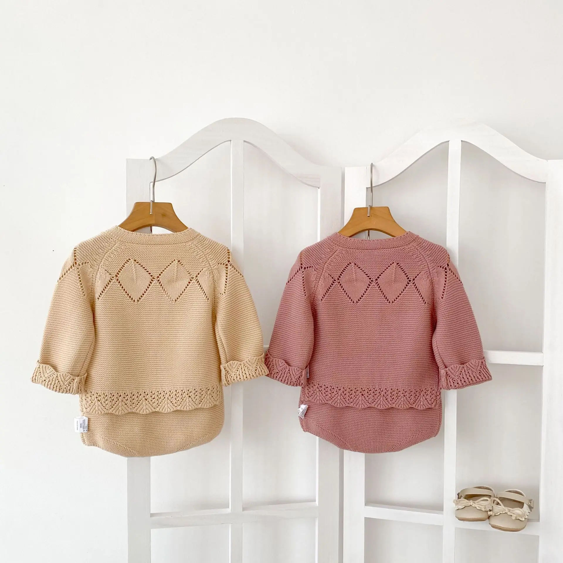 Spring and Autumn Baby Knitted Set with Perforated Woolen Coat and Puff Pants