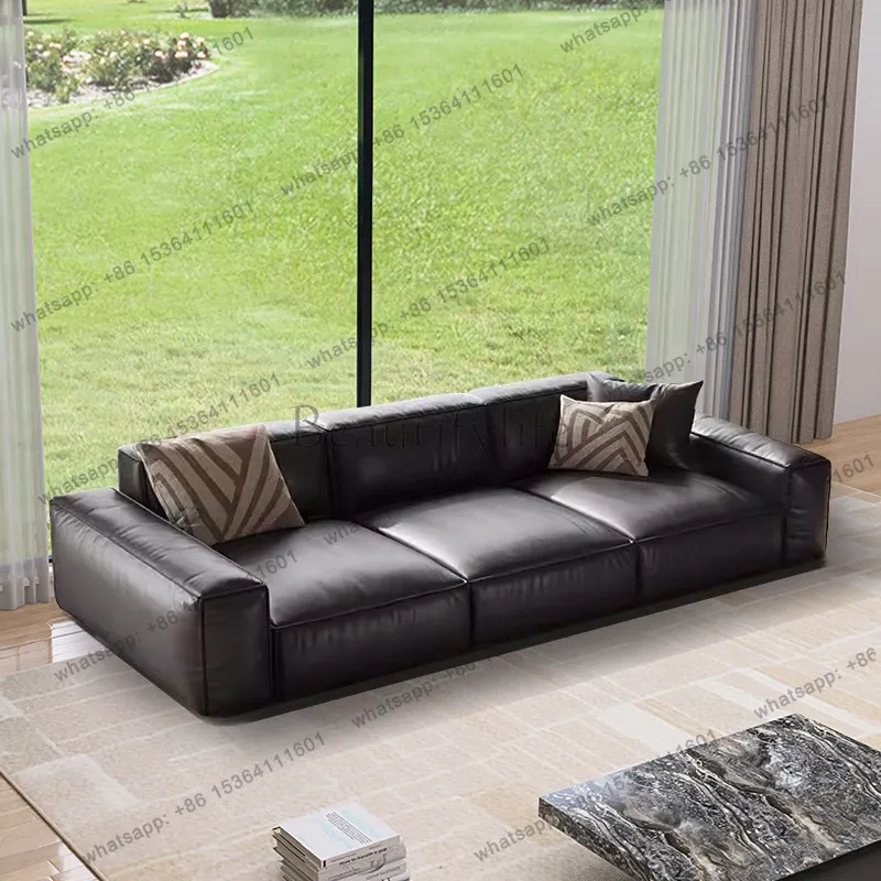 Tofu block leather sofa first layer cowhide living room combination size modern Italian straight row