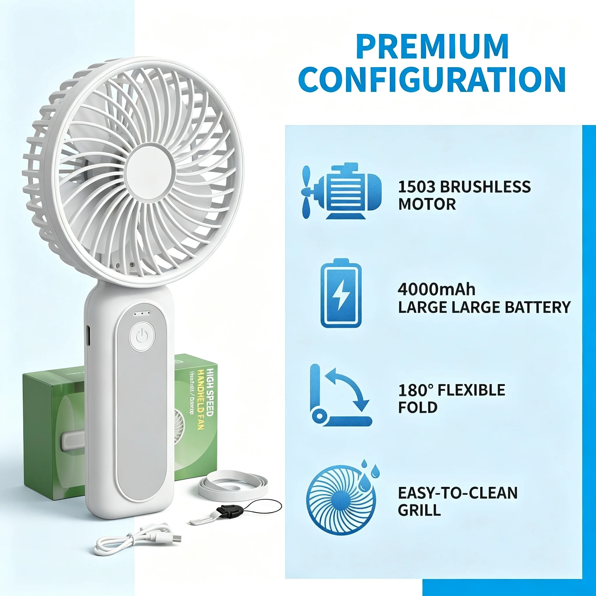 M2 High Speed Cooling Fan,1503 RC Brushless Motor,7-Speed,4000mAh Detachable Battery