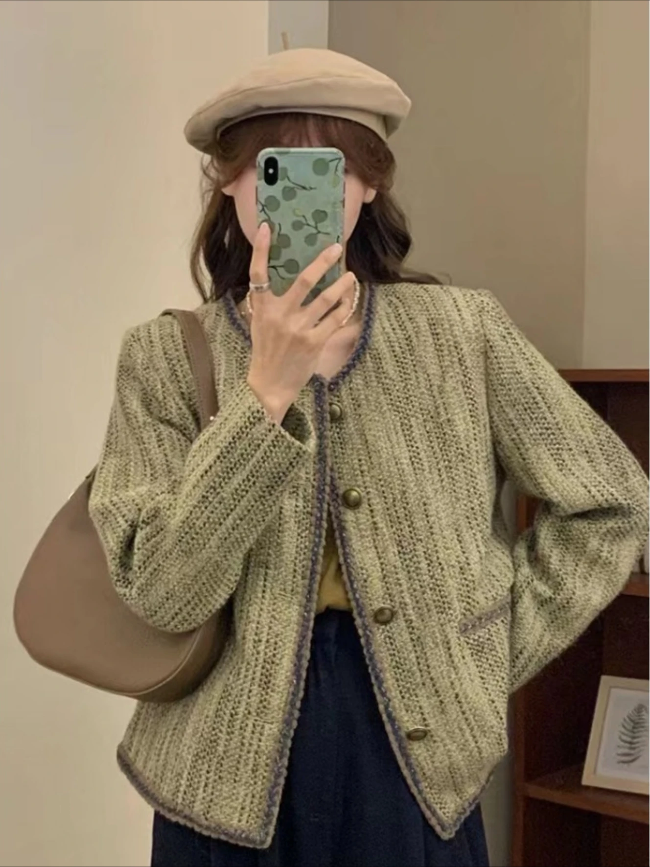 Casaco de mistura de lã tweed para mulheres meio verde solto misturas jaqueta mulher retro curto elegante luxo quente estilo coreano roupas