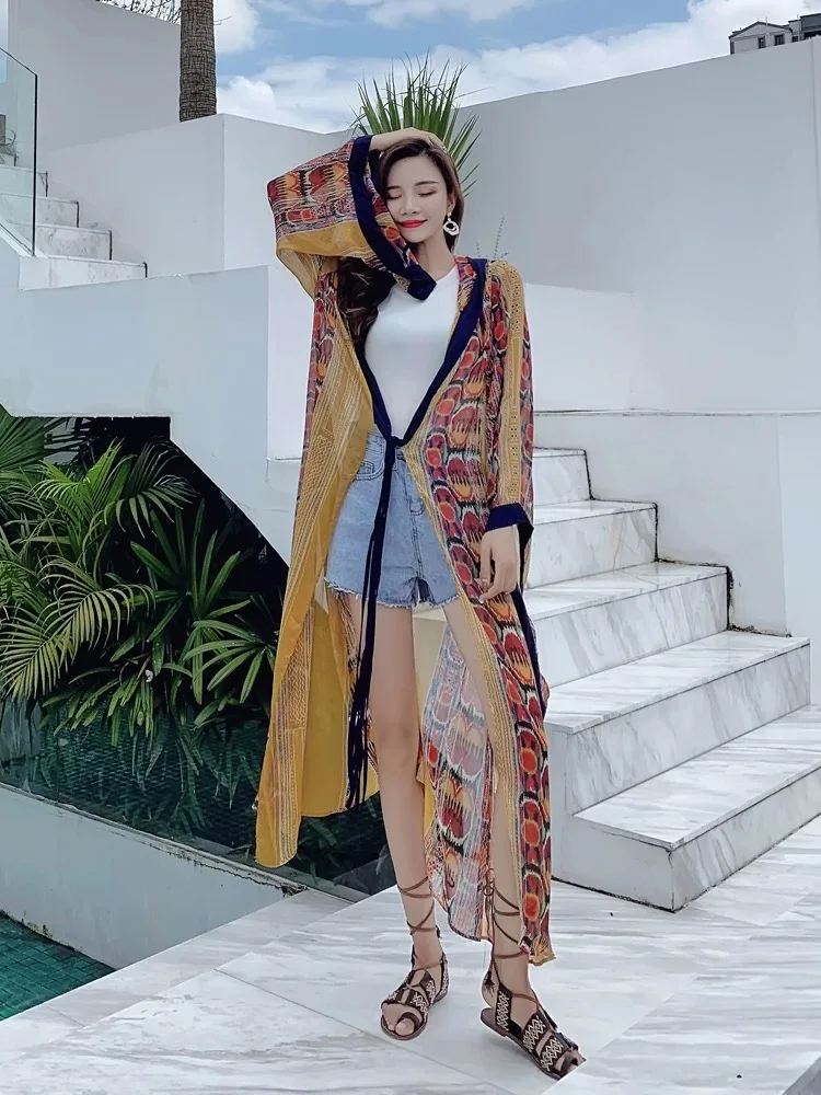 Mujer étnico nacional Nepal Sexy cubre Boho Kimono camisa cárdigan largo playa vacaciones viaje con capucha estampado fino vestido Tropical