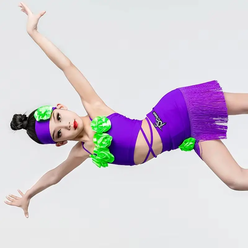 Tanz Performance Kostüm Praxis Tragen Mode Latin Dance Kleidung Lila Latin Dance Top Quasten Röcke Mädchen Latin