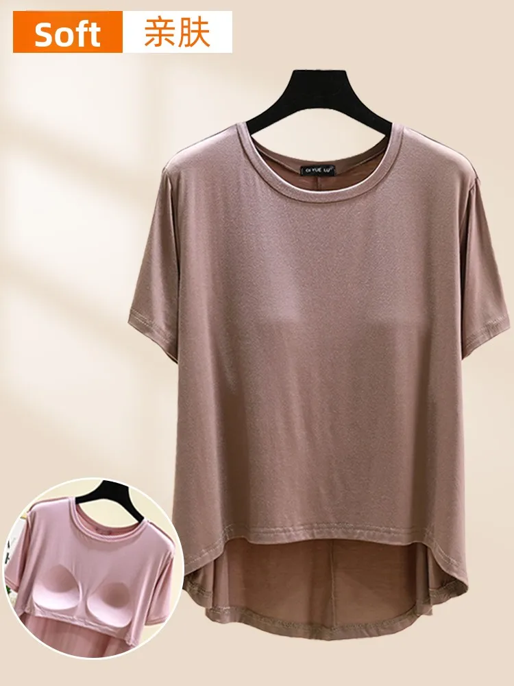 

Modal round Ne Svel T-irt Women Summer Thin Casual Big Size No Bra Base irt July Deer Leisure Sle ort Sve