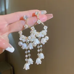 Korean Fashion Acrylic Flowers Women Earrings 2023 Trend New Long Pearl Tassel Fashion Brincos Jewelry Gift
