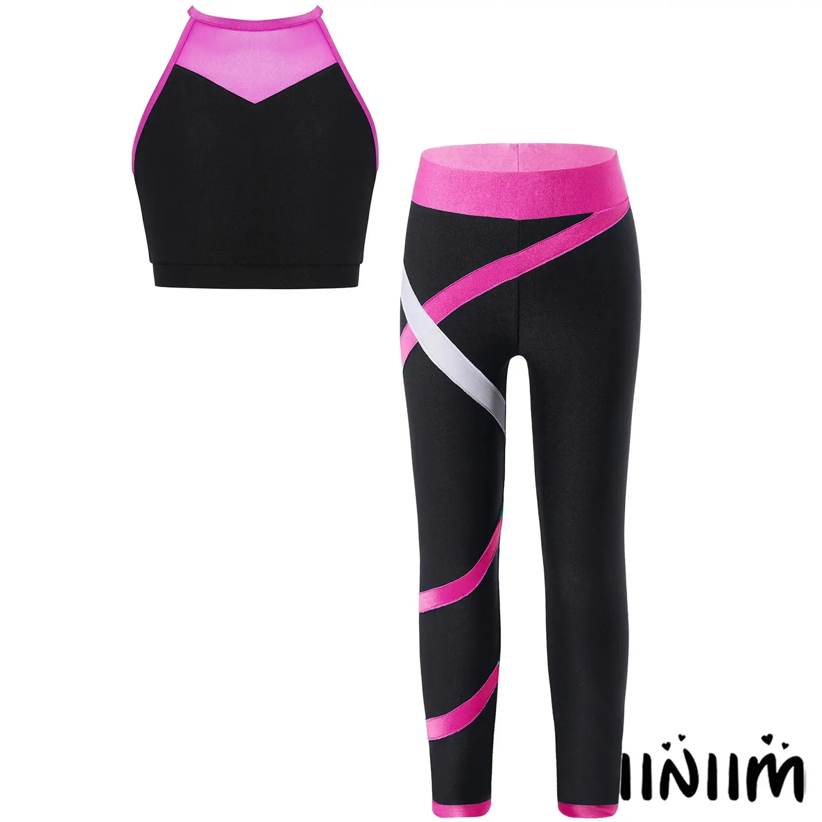 

Kids Girls 2-Piece Gymnastics Sports Set Sheer Mesh Patchwork Cutout Back Vest with Leggings for Workout Exercise Yoga Running