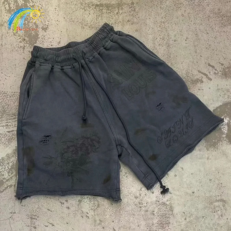 

2024 Summer Splash Ink Graffiti Flower SAINT LOUIS Shorts Men Women 100% Cotton Hip Hop Damaged Hole Vintage Washed Breeches