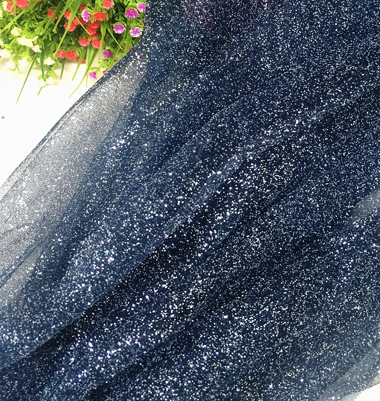 Shinny Hot Stamping Powder Glitter Wedding Celebration Decoration Embroidered Soft Mesh Fabric Evening Party Dress Material